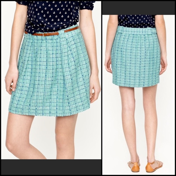 J. Crew Aqua Mint Tweed Shirred Flare Mini Skirt - Picture 2 of 12